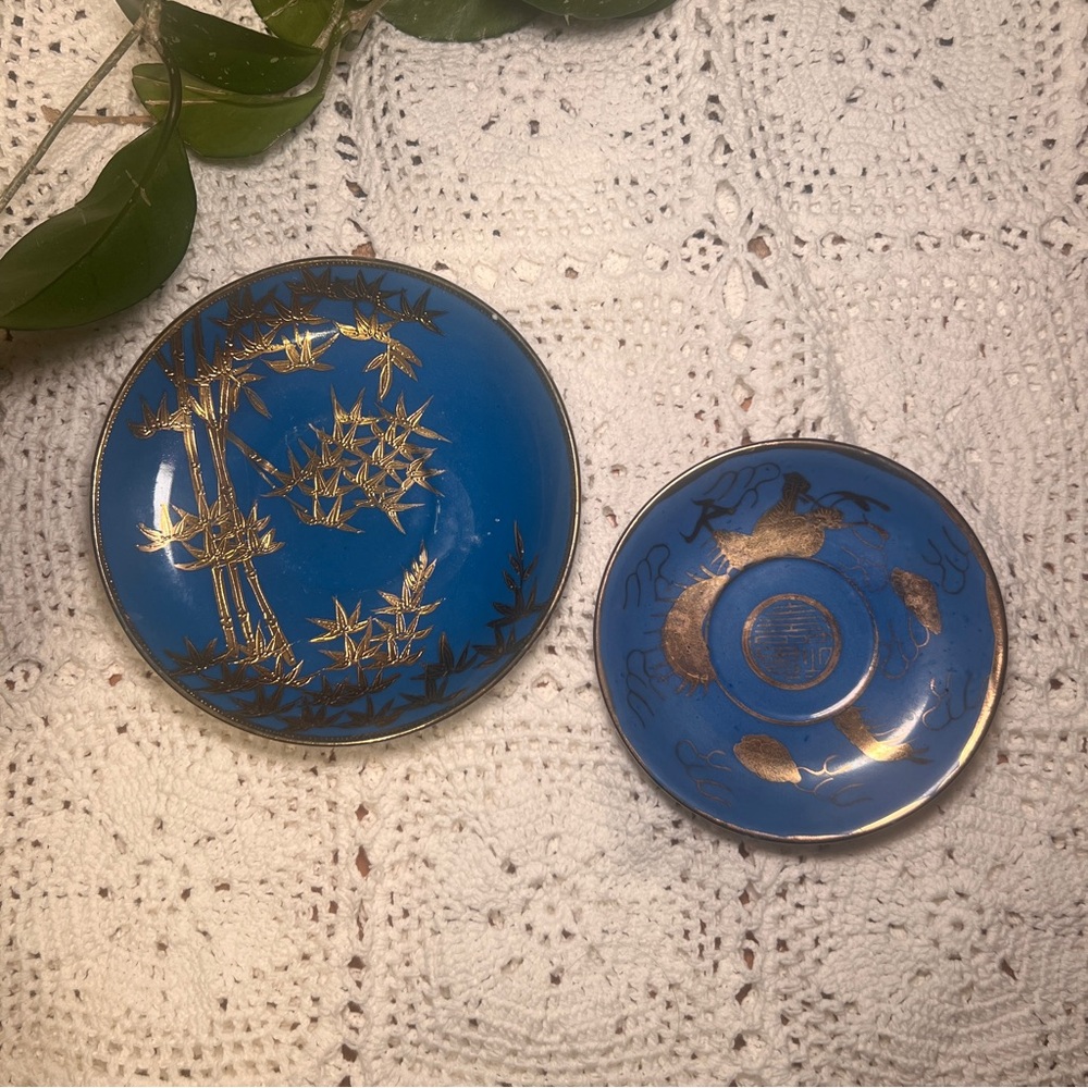 Blue and gold Vintage set of 2 Japanese Bamboo‎ and Chinese Dragon tea saucers